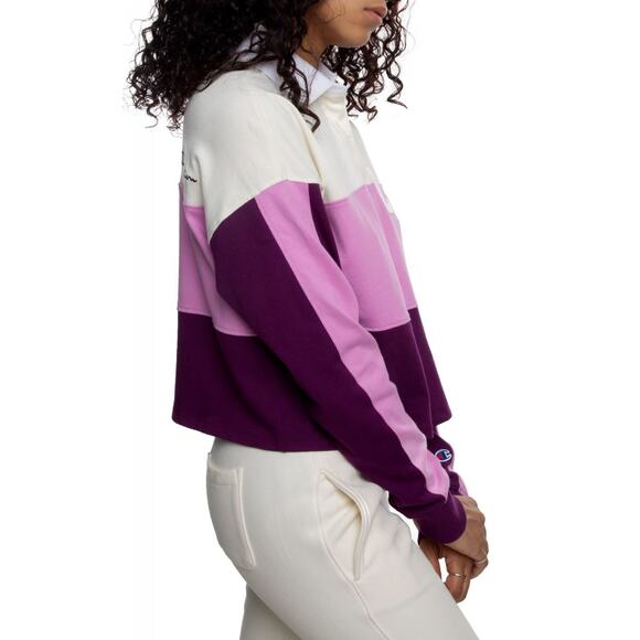 NEW Champion Rugby Cropped Collared Tee Women’s Small Beige Orchid Logo - Picture 3 of 11